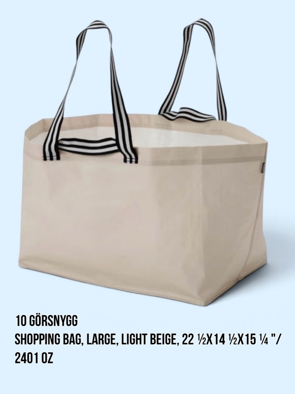 10 Light Beige Large Shopping Tote Bag with Striped Handles